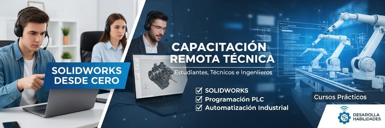 Banner publicitario que promociona cursos de capacitación técnica remota en SolidWorks, programación PLC y automatización industrial, con imágenes de jóvenes usando computadoras y audífonos.